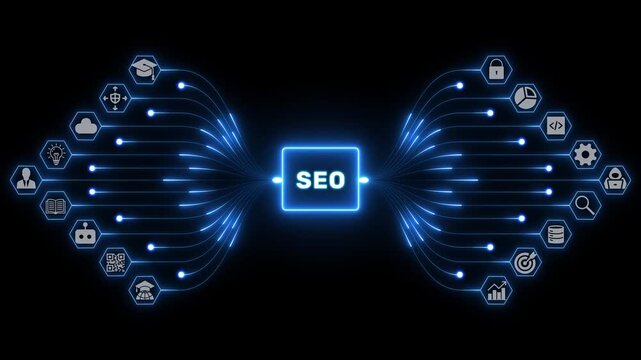 SEO search optimization concept with marketing icons and glowing blue pathways connecting website visibility across a dark digital network background