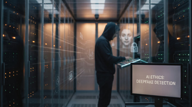 Hacker in hoodie working in server room with glowing graphics