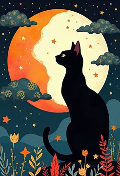 Black cat sits under glowing moon surrounded by stars and colorful flowers