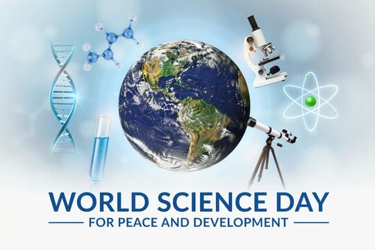 World science day for peace and development concept with globe and scientific equipment