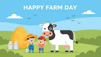 Fototapeta premium Happy farm day scene with two young boys smiling next to a black and white dairy cow on a green field under a clear blue sky.