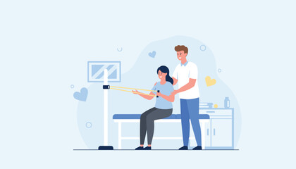 Obraz premium Female patient performing physical therapy exercises with a resistance band assisted by a professional male physiotherapist in a clinic.