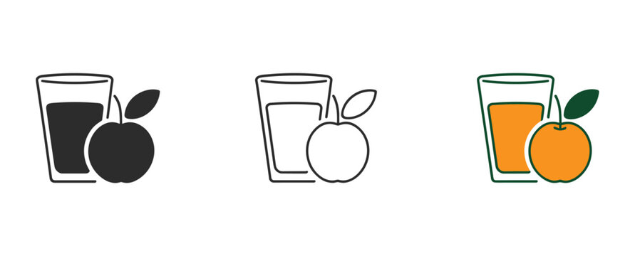 Fresh Juice Icon: Three variations of an icon representing fresh fruit juice. apple juice, orange juice, beverage drink, healthy drink, fruit.