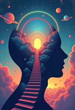 Mind pathway to light through cosmic clouds and planets