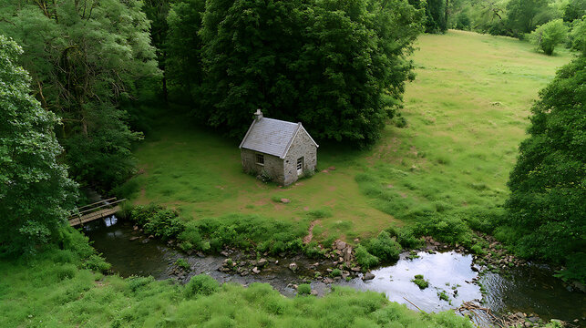 Aerial view of a quaint stone cottage nestled in a lush green forest landscape near a flowing river stream in the quiet countryside