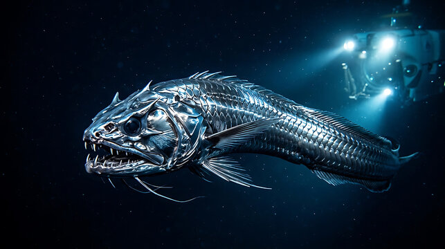 Metallic deep sea fish illuminated by submarine lights in the dark ocean