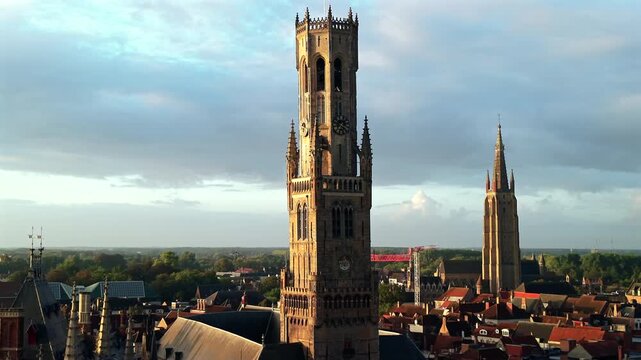 Aerial view of Bruges city during sunrise Belgium