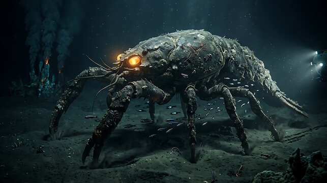 Giant Alien Crab Monster in Dark Deep Ocean Abyss