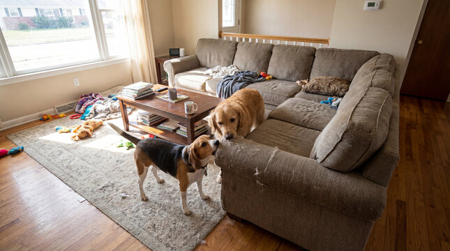 Dog during animal rescue in living room, realistic animal lifestyle scene exploring animal behavior, responsible care, companionship, wellbeing, humane values, education, modern lifestyle