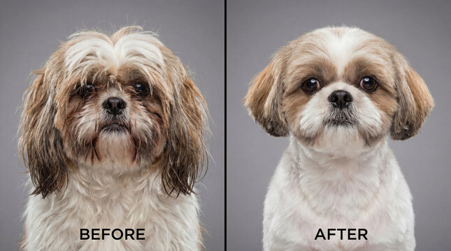Dog grooming in veterinary clinic, realistic animal lifestyle scene exploring animal behavior, responsible care, companionship, wellbeing, humane values, education, modern lifestyle
