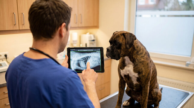 Dog receiving veterinary care in veterinary clinic, realistic animal lifestyle scene exploring animal behavior, responsible care, companionship, wellbeing, humane values, education, modern lifestyle
