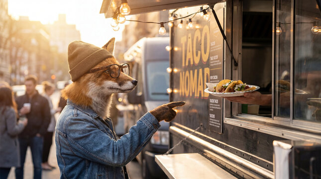 Fox eating in market, creative anthropomorphic lifestyle scene showing animal welfare, responsible care, wellbeing, humane values, education, community awareness, supporting responsible care education
