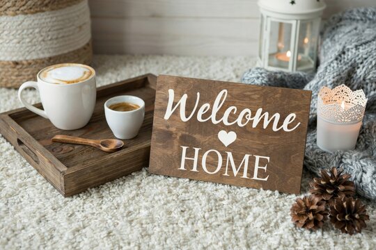 Cozy home setting with coffee, candles, and a welcome home sign on a rug