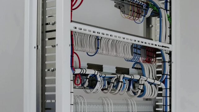 The reverse side of the electrical switchboard. The connected wires are tied with plastic ties.
