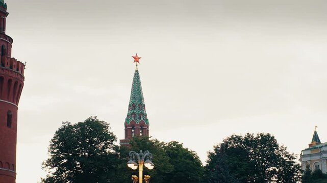 Iconic red star of moscow kremlin tower