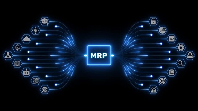MRP material requirements planning concept with manufacturing icons and glowing blue pathways connecting production resources on a dark network