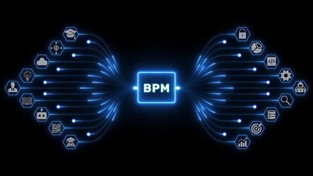 BPM business process management concept with workflow icons and luminous blue pathways linking digital systems on a dark digital network background