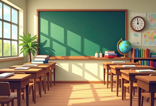 Sunlight fills bright classroom with desks books and globe on teacher's desk