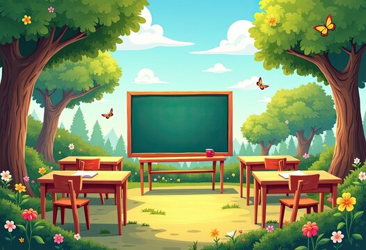 Outdoor classroom under big trees with green board and students desks surrounded by flowers and butterflies