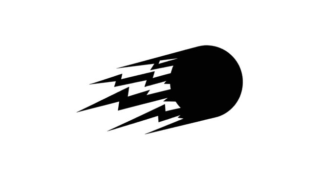Vector illustration of black silhouette icon of a fast moving comet or meteor with lightning trail on a transparent background