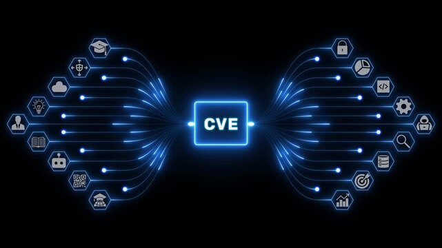 CVE cybersecurity concept with connected digital icons and glowing blue pathways representing vulnerability data across a dark technology background