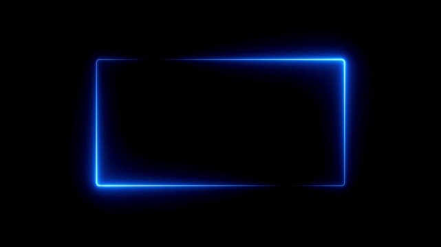 Blue neon rectangular frame with glowing outline on black background for futuristic digital interfaces, displays, graphics, visual design, and technology concepts