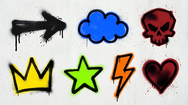 Urban graffiti spray paint element set. Street art symbols with drips splatters and grunge texture.of arrow cloud skull crown star lightning and heart. Graffiti symbols with spray paint