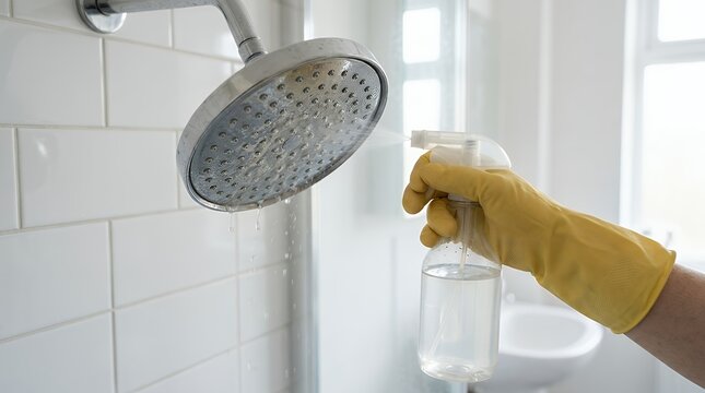 Shower head cleaning background. Bathroom hygiene detail. Spray bottle and gloves. Removing limescale deposits. Fresh sanitary care. Practical home maintenance. Useful for cleaning product ads 