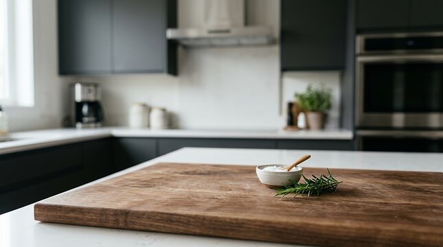 Elegant wooden surface atop a softly blurred culinary space setting sleek modern domestic environment with contemporary design elements photorealistic digital rendering background  best related 50