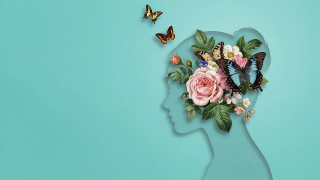 Profile silhouette of a woman filled with beautiful flowers and butterflies