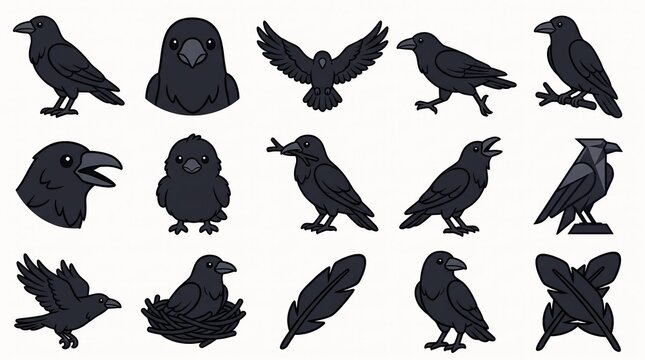 Flock of Crows in Various Poses with Feather and Nest Isolated on White Background