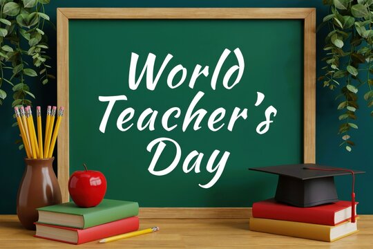World teachers day celebration with chalkboard, books, pencils, and graduation cap