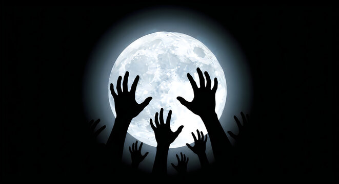 Spooky silhouette of reaching zombie hands against a bright full moon for a happy halloween october 31 night celebration