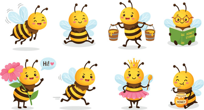 Cute Honey Bee Cartoon Character Sticker Set with Flying Reading Running and Queen Bee Holding Dipper for Kids Storybook and Educational Graphic Designs