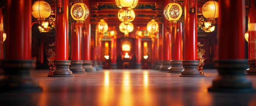 Ornate Temple Interior with Red Columns and Lanterns