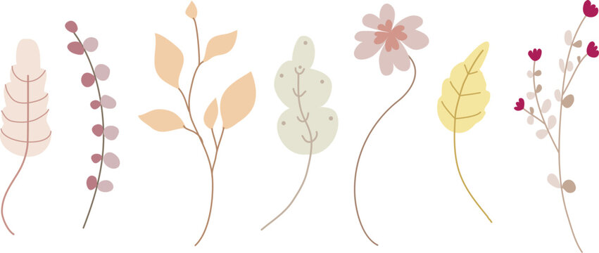 Cartoon foliage, floral set of pink, orange, brown, burgundy and gray autumn leaves, branches, twigs. Botanical fall clip art.
