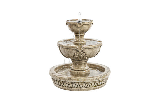 A three-tiered stone garden fountain with flowing water, featuring intricate carvings and a weathered beige texture, isolated on black