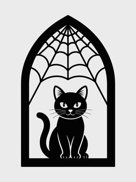 Cute black cat sitting in gothic window with spider web