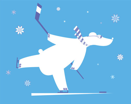 Winter sport. Cute bear plays ice hockey