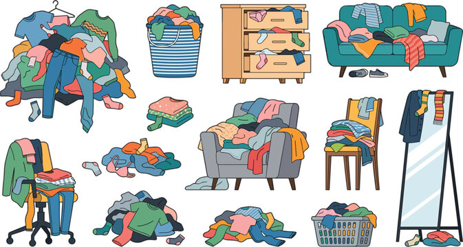 Messy Room and Untidy Clothes Vector Graphic Element Set with Dirty Laundry Piles Basket Cluttered Sofa Dresser Armchair and Chair for Home Housekeeping Infographics
