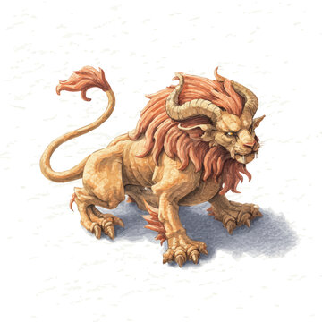 Detailed watercolor painting of Manticore, isolated on white background