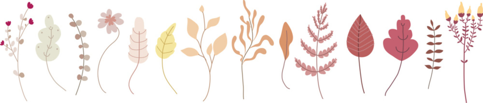 Cartoon foliage, floral set of pink, orange, brown, burgundy and gray autumn leaves, branches, twigs. Botanical fall clip art.
