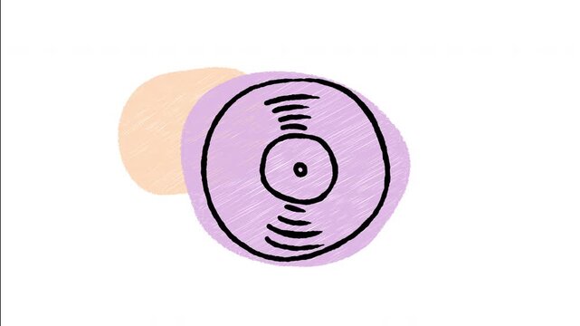 An animated hand-drawn spinning vinyl disc record for turntables. Ideal for DJ mixing, retro music playback, audio vinyl collecting, and classic sound albums. 