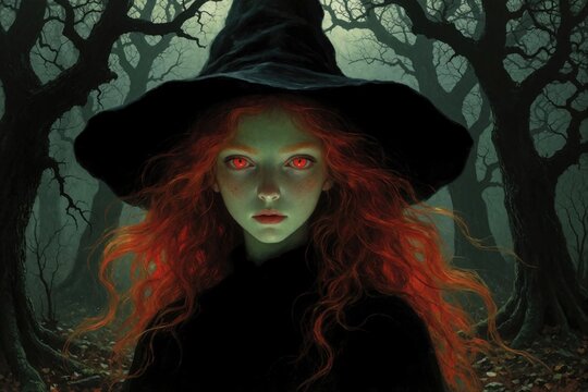 Portrait of red haired witch girl wearing black hat in dark spooky forest. Young sorceress with glowing red eyes stands among misty trees. Mystical fantasy woman uses magic in haunted woods during