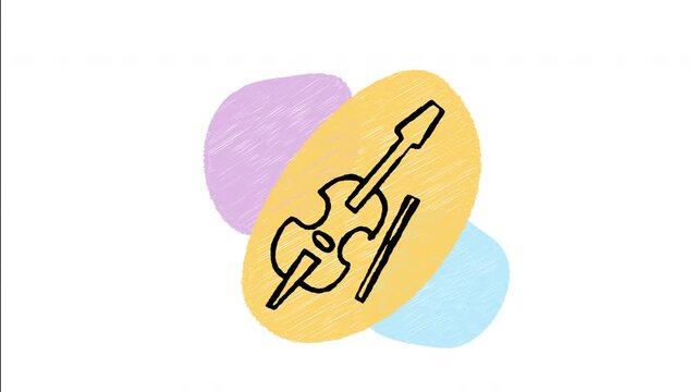 An animated hand-drawn wooden classical violin with bow and strings. Perfect for orchestral strings, classical concerts, violin lessons, fiddle folk music, and solo recitals. 