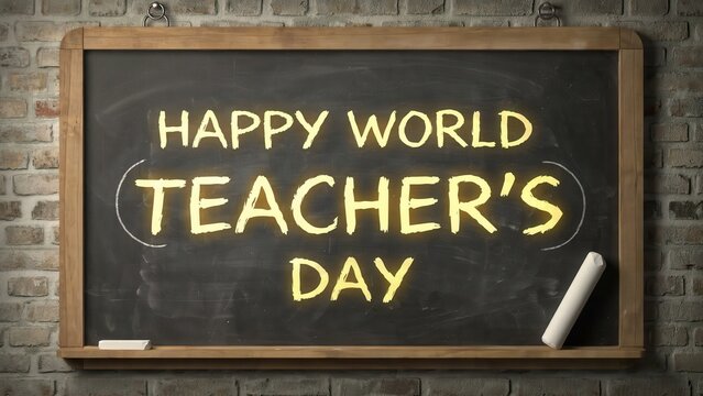 Happy world teachers day message written in yellow chalk on a vintage classroom blackboard