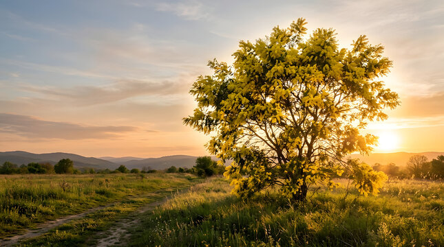 Mimosa tree with yellow fluffy flowers in a grassy field at sunset. Backlit landscape with dirt path and rolling hills during golden hour