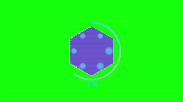 Rotating hexagonal die with glowing dots on green background