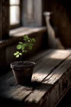 Small plant growing in old pot by the window
