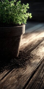 Green plant in a pot on rustic wooden surface at sunset